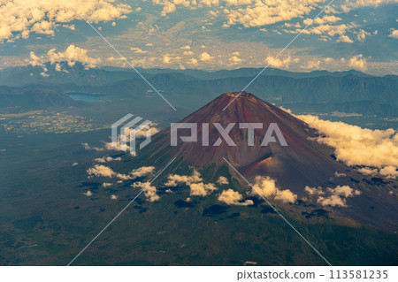 Mt. Fuji Morning Daytime Bright Airline Engine Aerial Summer Cloudy Clouds Summit Volcano World Heritage Site Bird's-eye view 113581235
