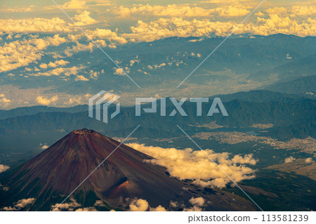 Mt. Fuji Morning Daytime Bright Airline Engine Aerial Summer Cloudy Clouds Summit Volcano World Heritage Site Bird's-eye view 113581239
