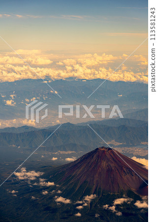 Mt. Fuji Morning Daytime Bright Airline Engine Aerial Summer Cloudy Clouds Summit Volcano World Heritage Site Bird's-eye view 113581243