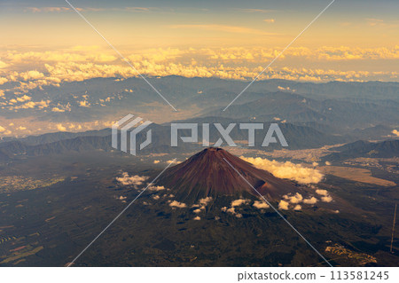 Mt. Fuji Morning Daytime Bright Airline Engine Aerial Summer Cloudy Clouds Summit Volcano World Heritage Site Bird's-eye view Mt. Fuji Morning Daytime Bright Airline Engine Aerial Summer Cloudy Clouds Summit Volcano World Heritage Site Bird's-eye view 113581245