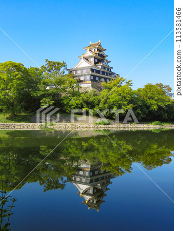 Okayama Castle's main tower reflected in the still waters of the moat Okayama Castle's main tower reflected in the still waters of the moat 113581466