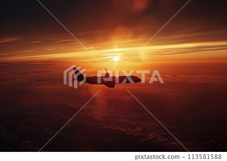 Airplane is flying at sunset 113581588
