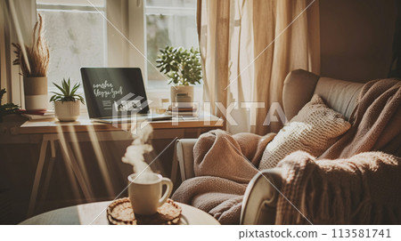 a warm and inviting home office bathed in soft, natural light 113581741