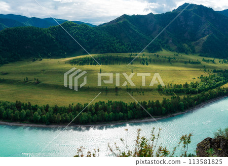 Beautiful view of mountain river Katun and green valley 113581825