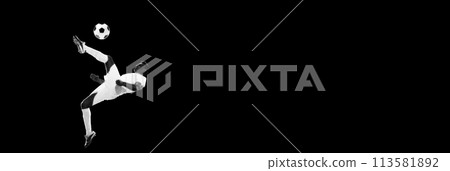 Dynamic creative image of young man, football player in white uniform in motion with ball, training on black background. Monochrome 113581892