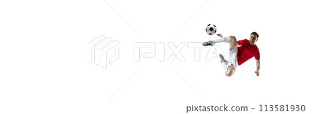 Dynamic image of male football player in motion with ball, training isolated on white background 113581930