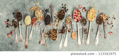 Vintage Spoons with Variety Teas and Herbs banner 113581975