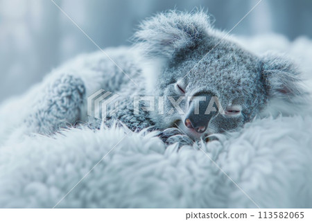 A plush koala toy peacefully sleeping on a fluffy surface A plush koala toy peacefully sleeping on a fluffy surface 113582065