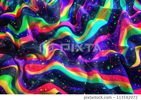 A vivid, neon-splashed fabric ripples in rainbow waves 113582072