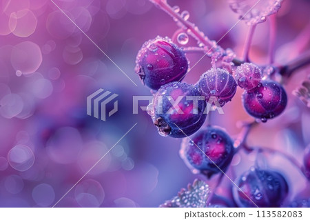Luminous currants drenched in dewdrops bask in a dreamy 113582083