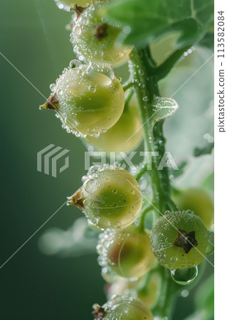 Close-up of green currants delicately adorned with morning dew 113582084
