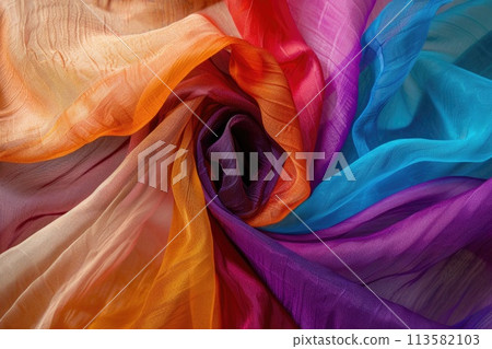 A swirl of rainbow-colored sheer fabric creates an elegant 113582103