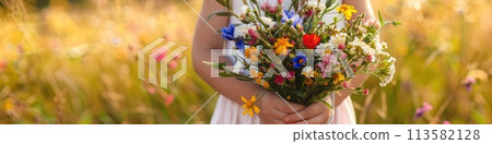 A young girl presents a bouquet of wildflowers 113582128
