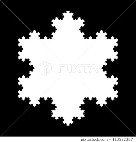 White Koch snowflake, a fractal curve, fifth iteration, over black. Starting with an equilateral triangle, each successive stage is formed by adding outward jags to each side of the previous stage. 113582397