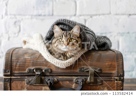 Cute cat sitting in suitcase on white background 113582414