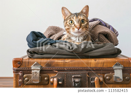 Cute cat sitting in suitcase on white background 113582415