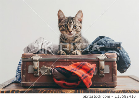 Cute cat sitting in suitcase on white background Cute cat sitting in suitcase on white background 113582416
