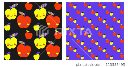 Vector set of two bright seamless patterns with cute apples. 113582495