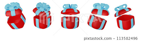 3d gift boxes set with red ribbon bow isolated on a white background. 3d render flying modern holiday closed surprise box. 113582496