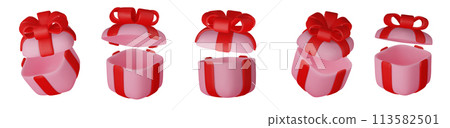 3d gift boxes set with red ribbon bow isolated on a white background. 3d render flying modern holiday closed surprise box. 3d gift boxes set with red ribbon bow isolated on a white background. 3d render flying modern holiday closed surprise box. 113582501