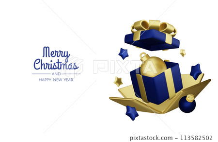 Christmas and New Year design. Realistic gift boxes. Open a gift box full of decorative holiday item. Holiday banner, web poster, flyer, stylish brochure, greeting card, cover. Christmas background Christmas and New Year design. Realistic gift boxes. Open a gift box full of decorative holiday item. Holiday banner, web poster, flyer, stylish brochure, greeting card, cover. Christmas background 113582502