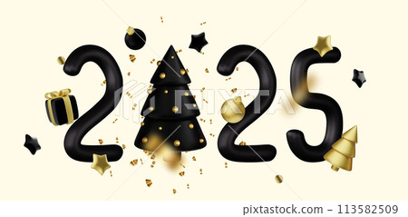 Christmas and New Year background. Xmas background with 3d Christmas tree, gifts, balls, snowflakes. Greeting card, banner, poster 113582509
