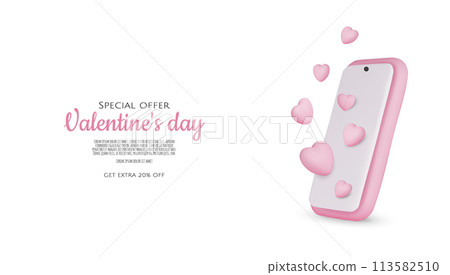 Smartphone with heart. 3D valentine illustration with hearts. Vector illustration 113582510