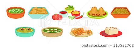 Traditional Indian Food and Served Dish Vector Set 113582708