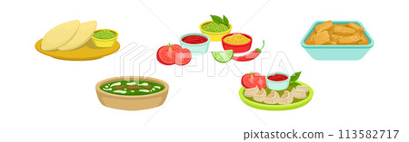 Traditional Indian Food and Served Dish Vector Set 113582717