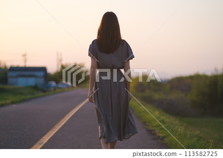 黃昏時分,一位穿著裙子的女人沿著堤道行走的後視圖 黃昏時分,一位穿著裙子的女人沿著堤道行走的後視圖 113582725