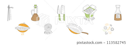 Chinese Wok Noodles Dish Preparation Element Line Vector Set Chinese Wok Noodles Dish Preparation Element Line Vector Set 113582745