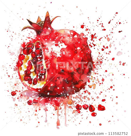 A dynamic watercolor painting of a pomegranate cut open with seeds 113582752