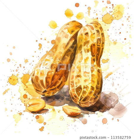 A lively watercolor rendering of peanuts with a splash of color 113582759