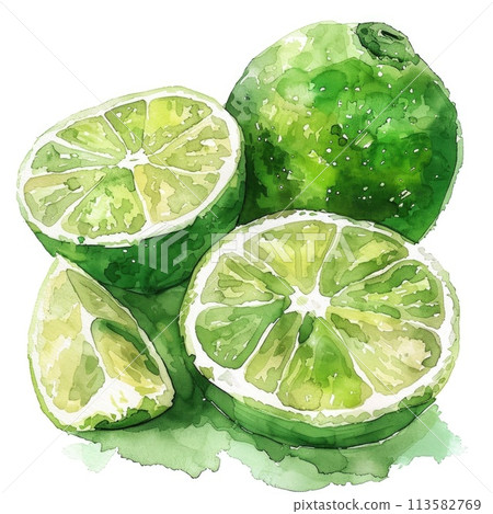 A delightful watercolor depiction of juicy lime wedges A delightful watercolor depiction of juicy lime wedges 113582769