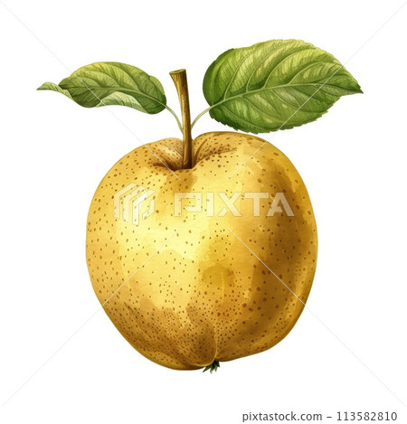 A striking watercolor illustration of a ripe apple with a vibrant green leaf 113582810