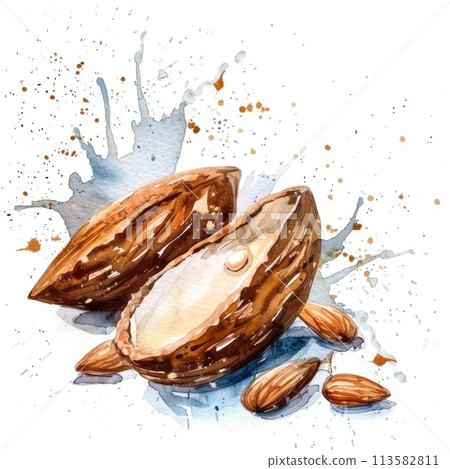 A dynamic watercolor composition features almonds and leaves amidst vibrant splashes 113582811
