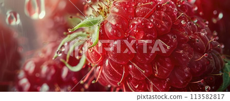 A panoramic view of ripe raspberries drenched in morning dew A panoramic view of ripe raspberries drenched in morning dew 113582817