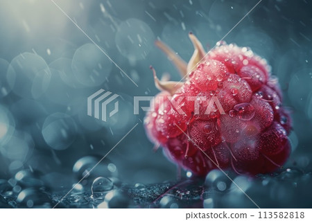A vibrant, red raspberry, glistening with fresh dewdrops A vibrant, red raspberry, glistening with fresh dewdrops 113582818