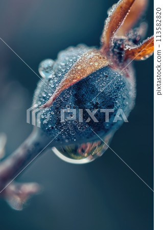 A macro shot captures the intricate detail of a dew-covered blueberry A macro shot captures the intricate detail of a dew-covered blueberry 113582820