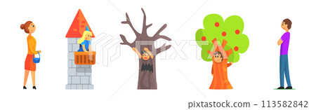 Funny Kids Actors in Theater Costumes Showing Performance Vector Set 113582842