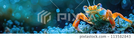 A wide panoramic image of a vibrant orange crab with large attentive eyes A wide panoramic image of a vibrant orange crab with large attentive eyes 113582843