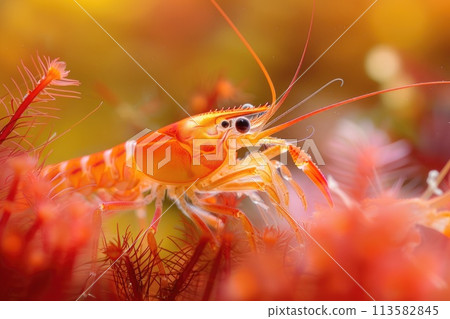 A vivid macro image of a marine shrimp navigating the rich textures of a coral reef A vivid macro image of a marine shrimp navigating the rich textures of a coral reef 113582845