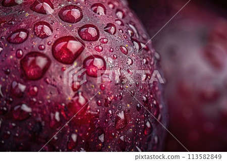 A sumptuous close-up of a cranberry glistens with water droplets A sumptuous close-up of a cranberry glistens with water droplets 113582849