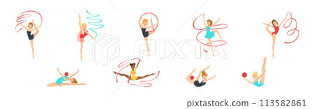 Woman Gymnast with Sport Ball and Ribbon Perform Gymnastics Pose Vector Set 113582861