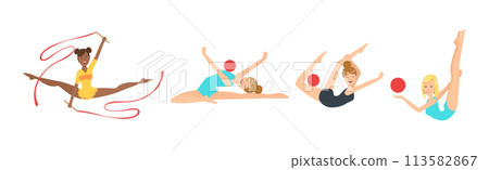 Woman Gymnast with Sport Ball and Ribbon Perform Gymnastics Pose Vector Set Woman Gymnast with Sport Ball and Ribbon Perform Gymnastics Pose Vector Set 113582867