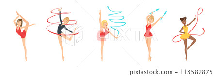 Woman Gymnast with Sport Ribbon Perform Gymnastics Pose Vector Set Woman Gymnast with Sport Ribbon Perform Gymnastics Pose Vector Set 113582875