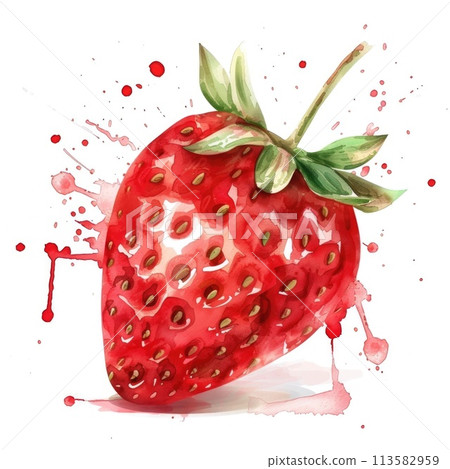 strawberry is vividly captured in watercolor, with red and pink splashes 113582959