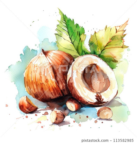 hazelnuts, one cracked open, nestled among vibrant green leaves hazelnuts, one cracked open, nestled among vibrant green leaves 113582985