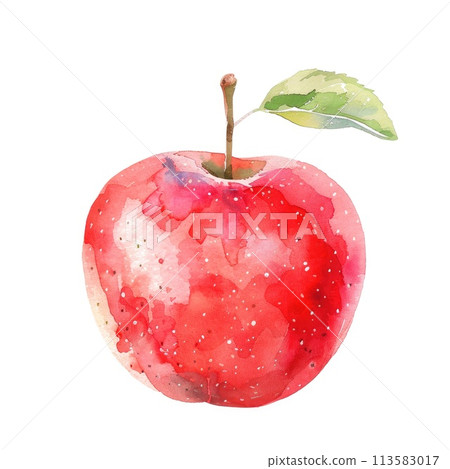A striking watercolor illustration of a ripe apple with a vibrant green leaf 113583017