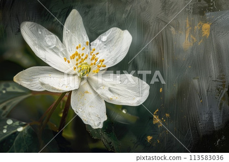 A white anemone, sprinkled with golden dew, emerges from a misty grey canvas A white anemone, sprinkled with golden dew, emerges from a misty grey canvas 113583036